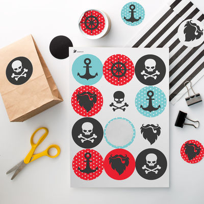 Tulostettavat Merirosvo -tarrat Ø 60 mm