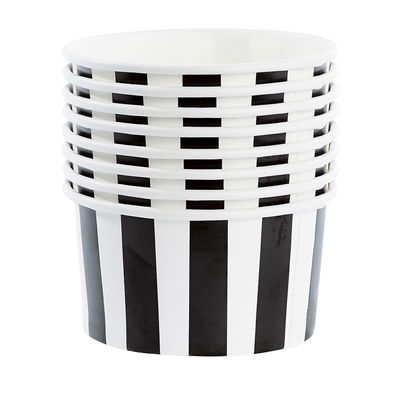 Mustavalkoraidallinen jäätelökuppi ja lusikat (8 kpl)