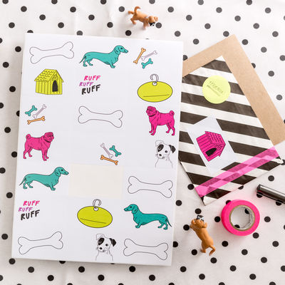 Koiramaiset kemut etiketti-arkki, 70 x 42 mm