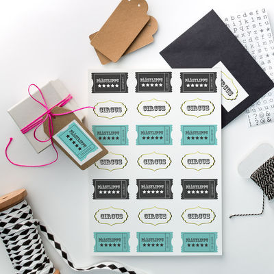 Sirkus etiketti-arkki, 70 x 42 mm